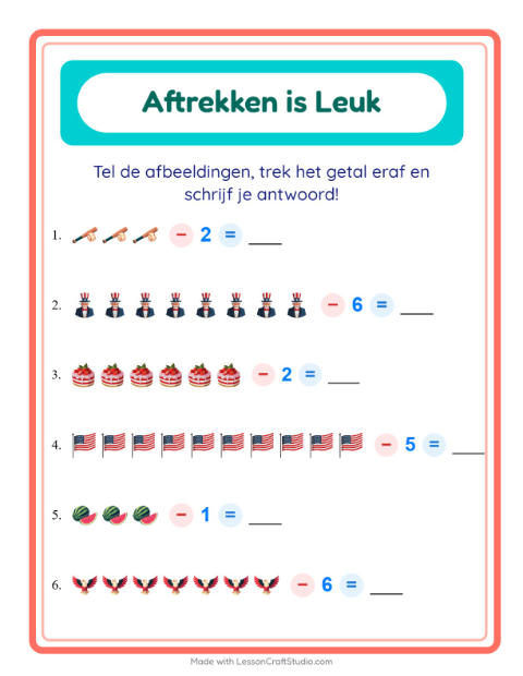 Voorbeeld van het Aftrekken-werkblad met 4 juli voor kleuterklas
