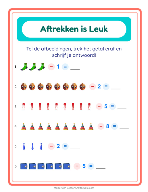 Voorbeeld van het Aftrekken-werkblad met Accessoires voor kleuterklas
