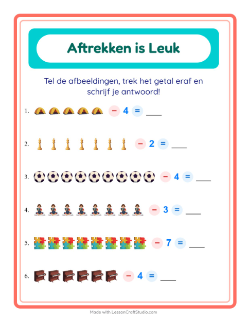 Voorbeeld van het Aftrekken-werkblad met Activiteiten voor kleuterklas
