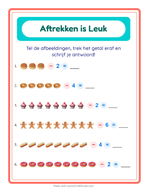 Voorbeeld van het Aftrekken-werkblad met Bakkerij voor kleuterklas