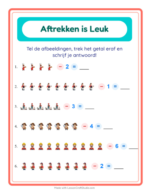 Voorbeeld van het Aftrekken-werkblad met Beroepen voor kleuterklas