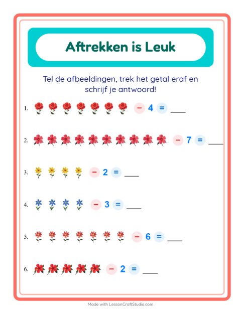 Voorbeeld van het Aftrekken-werkblad met Bloemen voor kleuterklas