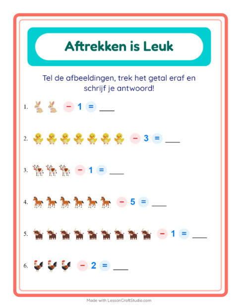 Voorbeeld van Aftrekken tot 10 met dieren – werkblad voor groep 3