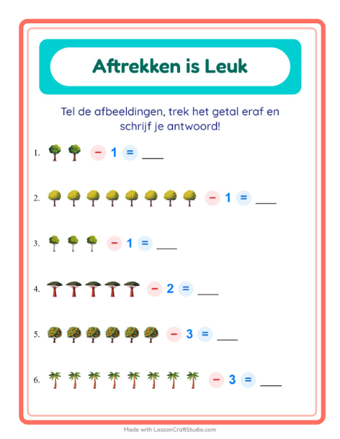 Voorbeeld van het Aftrekken-werkblad met Bomen voor kleuterklas