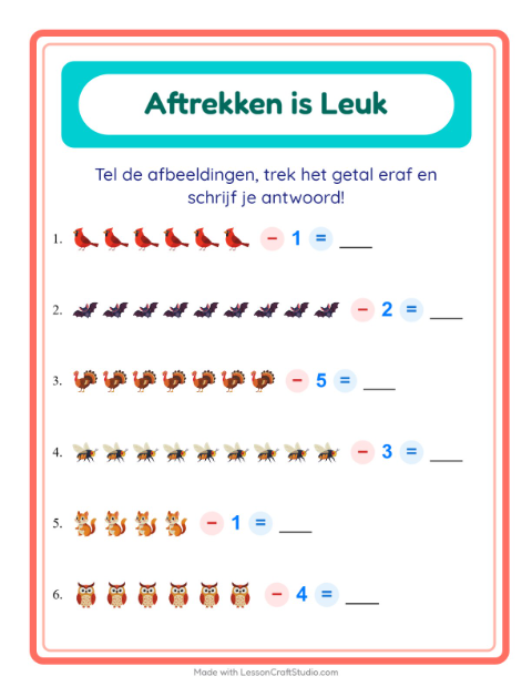 Voorbeeld van het Aftrekken-werkblad met Boswezens voor kleuterklas