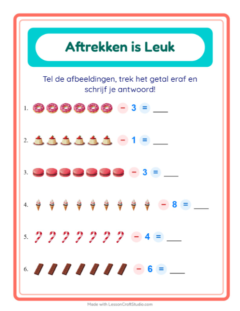 Voorbeeld van het Aftrekken-werkblad met Desserts en snoep voor kleuterklas
