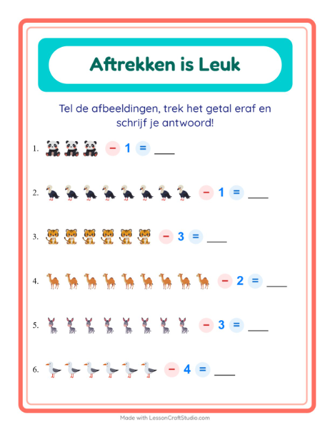 Aftrekken tot 10 – Dieren