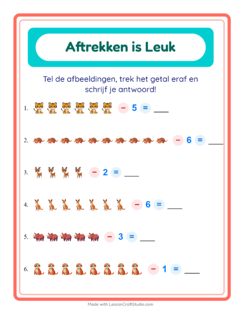 Voorbeeld van het Aftrekken-werkblad met Dierentuindieren voor kleuterklas