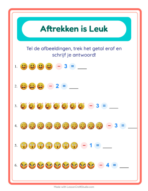Voorbeeld van het Aftrekken-werkblad met Emoties voor kleuterklas