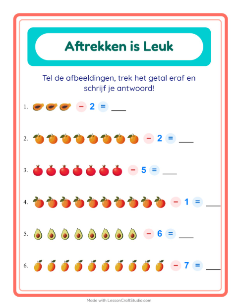 Voorbeeld van het Aftrekken-werkblad met Fruit voor kleuterklas