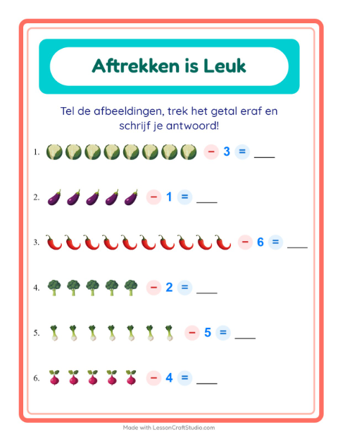 Voorbeeld van het Aftrekken-werkblad met Groenten voor kleuterklas
