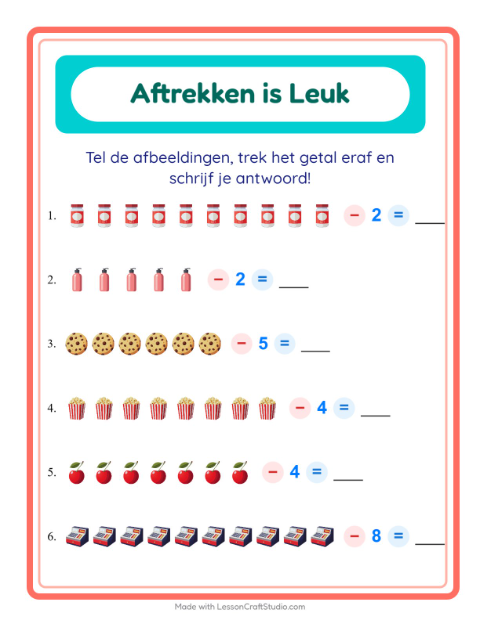 Voorbeeld van het Aftrekken-werkblad met In de supermarkt voor kleuterklas