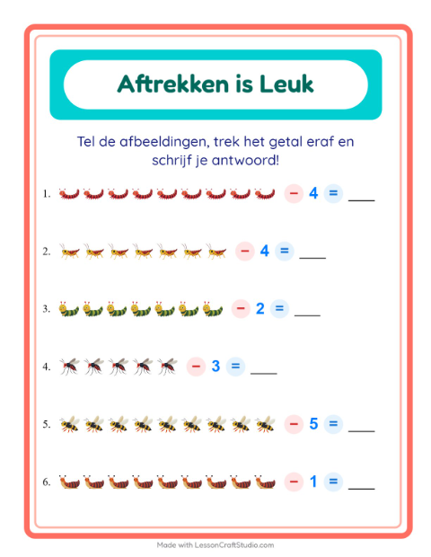 Aftrekken tot 10 – Insecten en beestjes