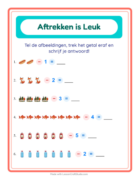 Voorbeeld van het Aftrekken-werkblad met Kamperen voor kleuterklas
