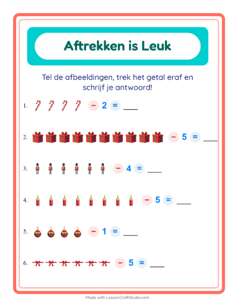Voorbeeld van het Aftrekken-werkblad met Kerstmis voor kleuterklas