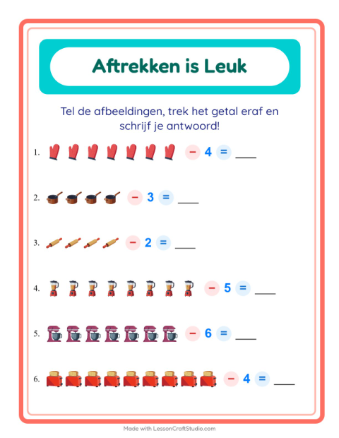 Voorbeeld van Aftrekken tot 10 met keukenspullen – werkblad voor groep 3
