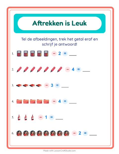 Voorbeeld van het Aftrekken-werkblad met Klaslokaal voor kleuterklas