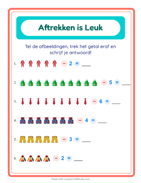 Voorbeeld van het Aftrekken-werkblad met Kleding voor kleuterklas