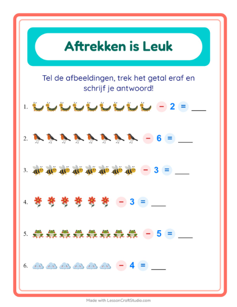 Voorbeeld van het Aftrekken-werkblad met Lente voor kleuterklas
