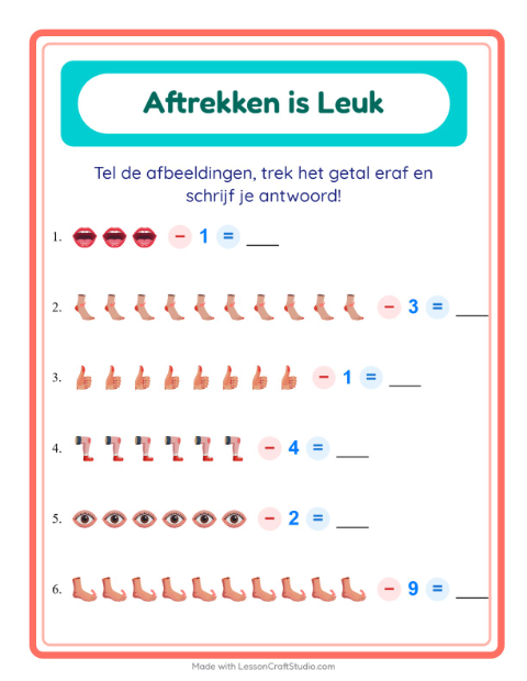 Voorbeeld van het Aftrekken-werkblad met Lichaamsdelen voor kleuterklas