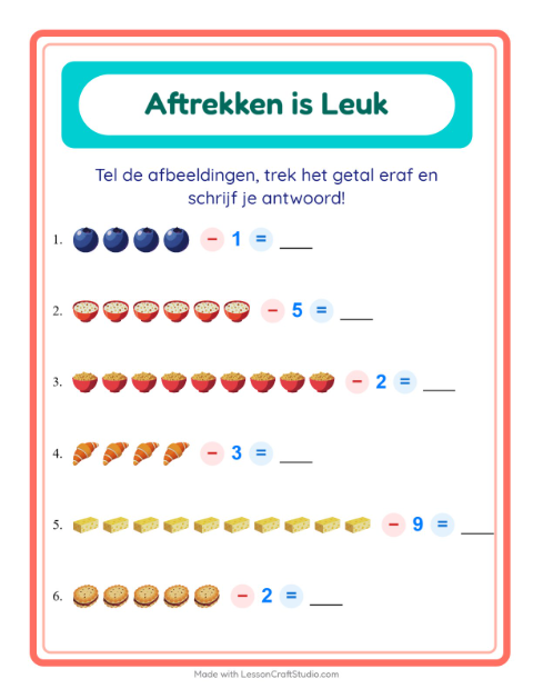 Voorbeeld van het Aftrekken-werkblad met Ontbijt voor kleuterklas