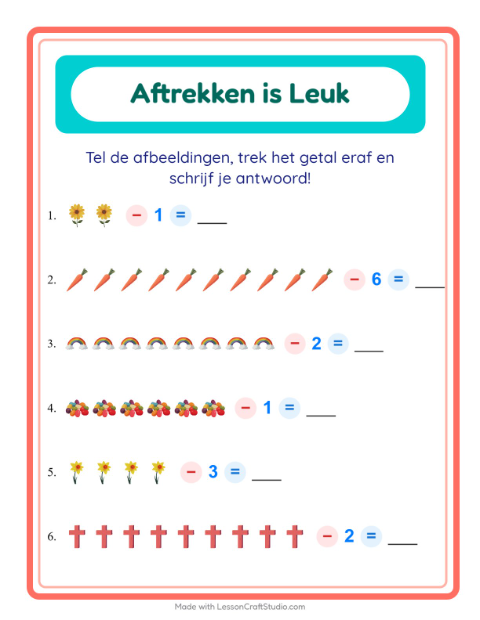 Voorbeeld van het Aftrekken-werkblad met Pasen voor kleuterklas