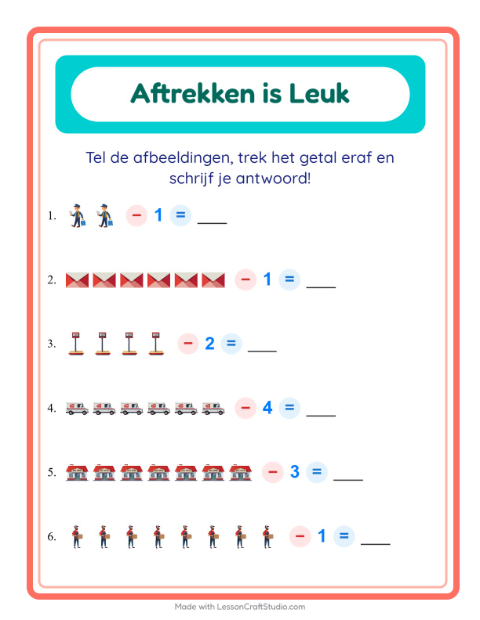 Voorbeeld van het Aftrekken-werkblad met Postkantoor voor kleuterklas