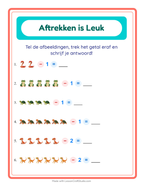 Voorbeeld van het Aftrekken-werkblad met Reptielen en amfibieën voor kleuterklas