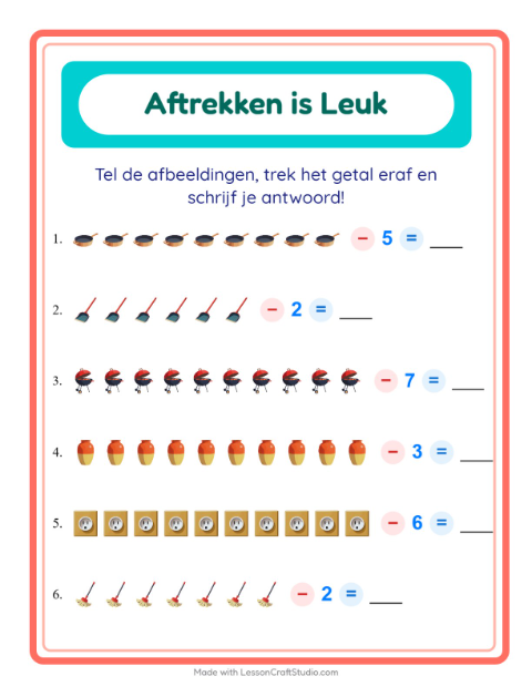Voorbeeld van het Aftrekken-werkblad met Rond het huis voor kleuterklas