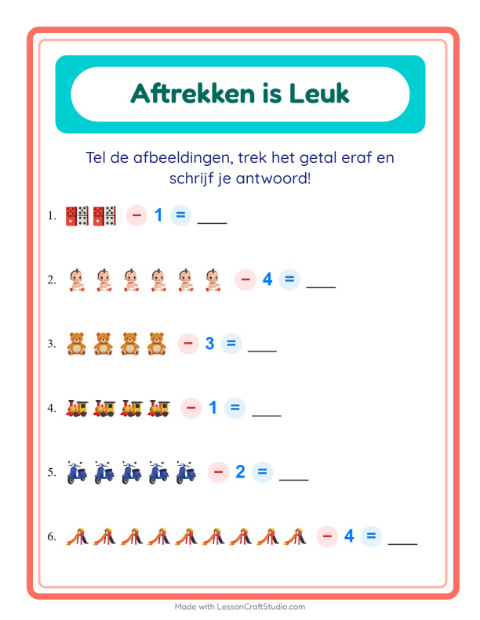 Voorbeeld van Aftrekken tot 10 met speelgoedjes – werkblad voor groep 3