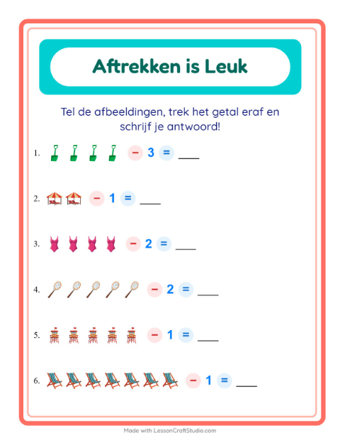 Voorbeeld van het Aftrekken-werkblad met Strand voor kleuterklas