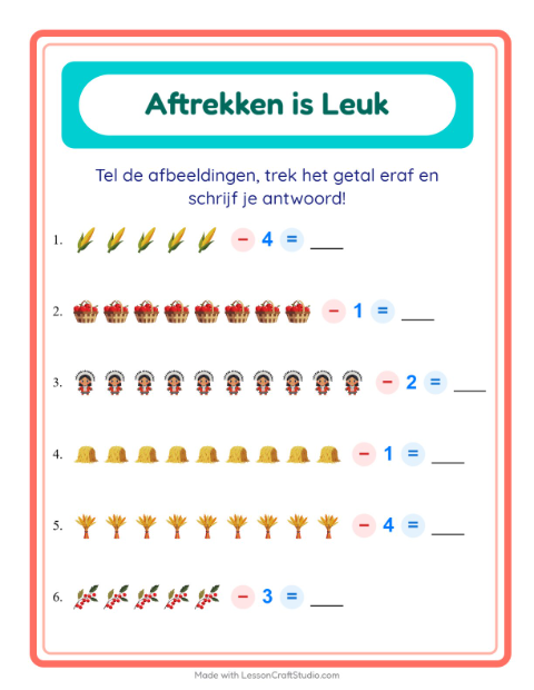 Voorbeeld van het Aftrekken-werkblad met Thanksgiving voor kleuterklas