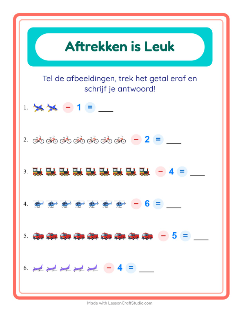 Voorbeeld van het Aftrekken-werkblad met Voertuigen voor kleuterklas