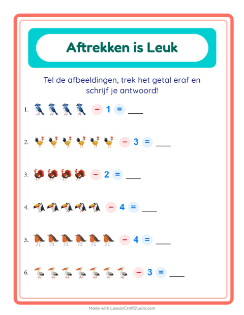 Voorbeeld van het Aftrekken-werkblad met Vogels 2 voor kleuterklas