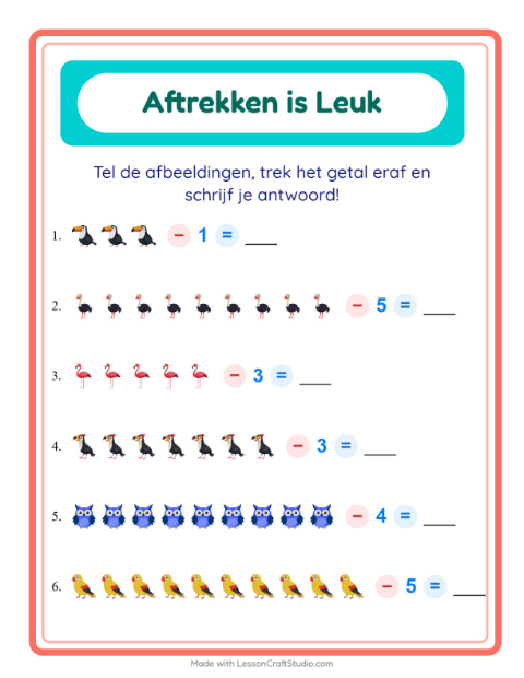 Voorbeeld van het Aftrekken-werkblad met Vogels voor kleuterklas