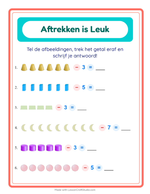 Voorbeeld van het Aftrekken-werkblad met Vormen voor kleuterklas
