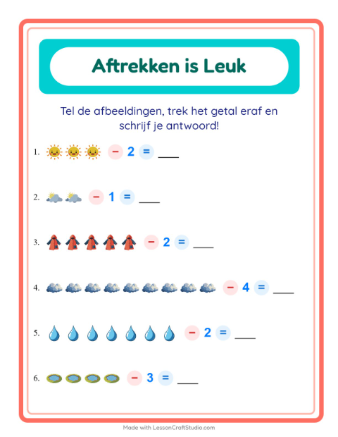 Voorbeeld van het Aftrekken-werkblad met Weer voor kleuterklas