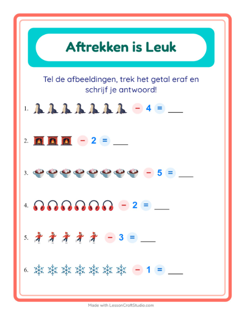 Voorbeeld van het Aftrekken-werkblad met Winter voor kleuterklas