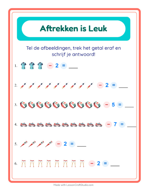 Voorbeeld van het Aftrekken-werkblad met Ziekenhuis voor kleuterklas