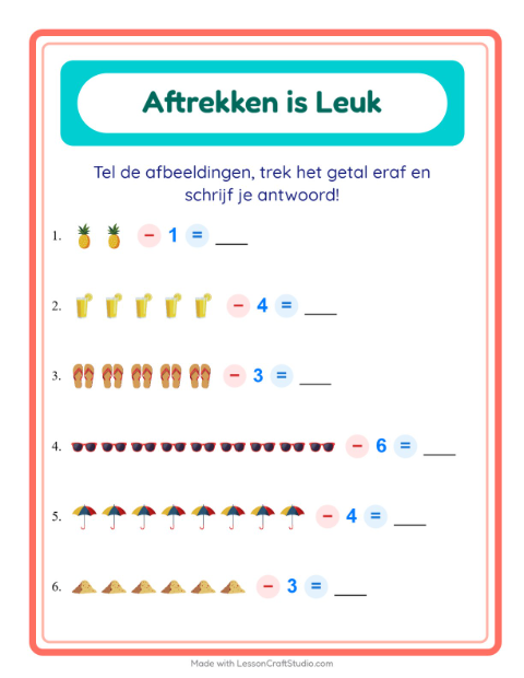 Voorbeeld van het Aftrekken-werkblad met Zomer voor kleuterklas