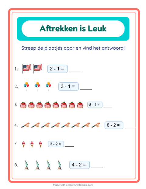 Voorbeeld van het Aftrekken-werkblad met 4 juli voor kleuterklas