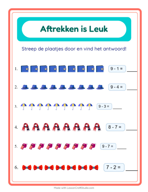 Voorbeeld van het Aftrekken-werkblad met Accessoires voor kleuterklas