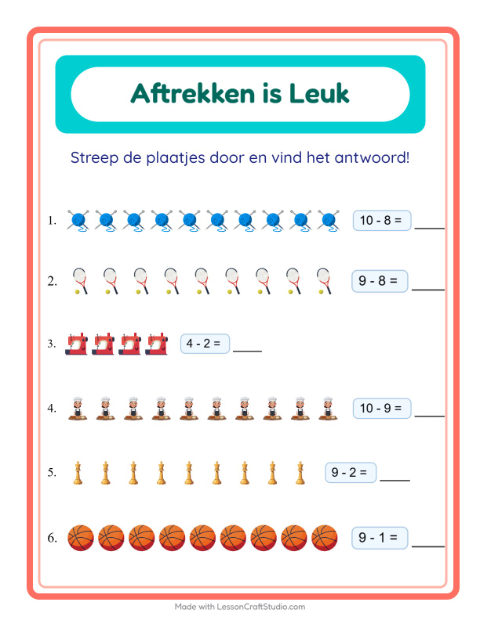 Voorbeeld van het Aftrekken-werkblad met Activiteiten voor kleuterklas