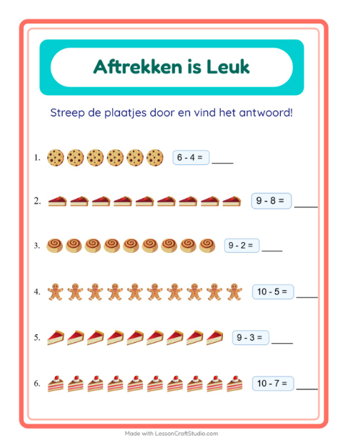 Voorbeeld van het Aftrekken-werkblad met Bakkerij voor kleuterklas