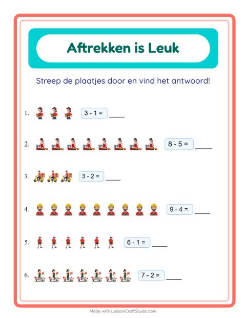 Voorbeeld van het Aftrekken-werkblad met Beroepen voor kleuterklas
