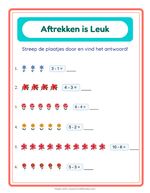 Voorbeeld van het Aftrekken-werkblad met Bloemen voor kleuterklas