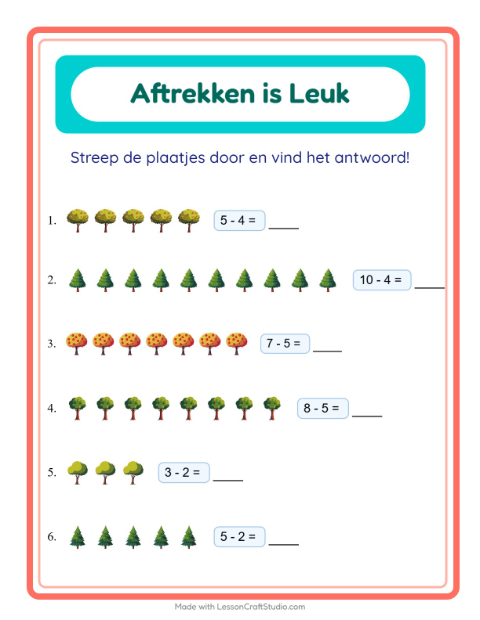 Voorbeeld van het Aftrekken-werkblad met Bomen voor kleuterklas