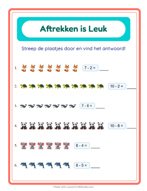 Aftrekken tot 10 met dieren – werkblad voor groep 3 — 2