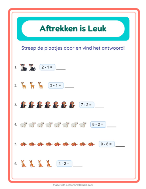 Voorbeeld van het Aftrekken-werkblad met Dierentuindieren voor kleuterklas