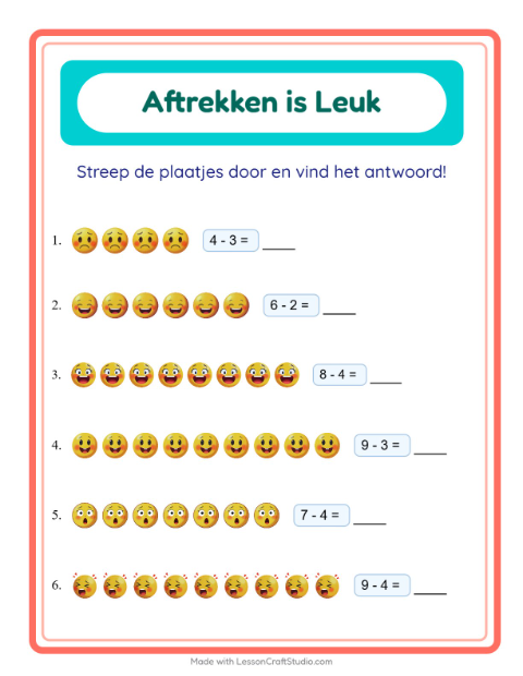 Voorbeeld van het Aftrekken-werkblad met Emoties voor kleuterklas